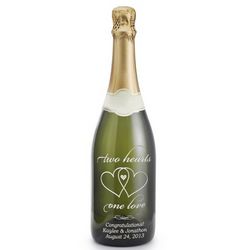 Sparkling Two Hearts One Love Etched Wine Bottle