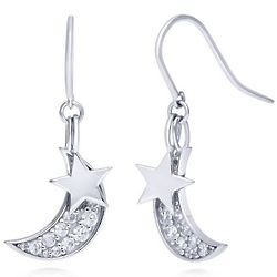 Silver Star & CZ Crescent Moon Fish Hook Dangle Earrings