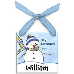 Personalized Chilly Snowboy First Christmas Tile Ornament