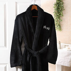 Embroidered Luxury Black Fleece Robe