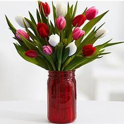 15 Sweetheart Tulips in Mason Jar and Chocolates