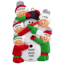 Family of 5 Building a Snowman Personalized Ornament