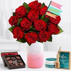 Ultimate Mom's Red Roses Bouquet with Chocolates & Spa Set