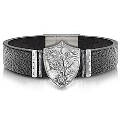 St Michael Stainless Steel and Leather Religious Bracelet