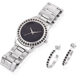 Black Spinel Stainless Steel Band Watch and Earrings Set