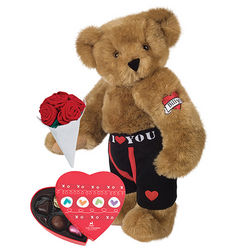 Huggable Hunk Teddy Bear with Roses And Small Box of Chocolates