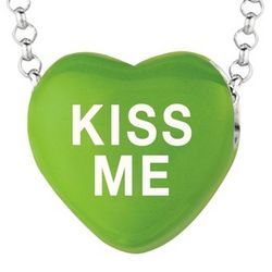 Green Enamel Kiss Me Sweethearts Necklace in Sterling Silver