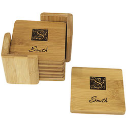 Laser Engraved Monogram Square Bamboo Coasters