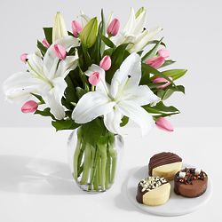 Spring Tulips and Lilies with Dipped Cheesecake Trio