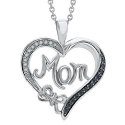 Black and White Diamond Mom Heart Pendant in Sterling Silver