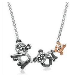 Sterling Silver Diamond Mom, Dad and Baby Panda Necklace