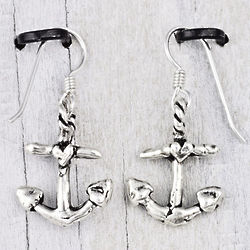 Anchor with Heart Dangle Silver Earrings