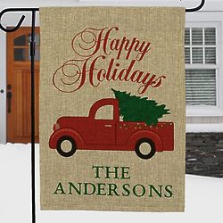 Personalized Happy Holidays Burlap Garden Flag with Red Truck