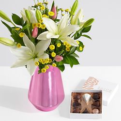 Easter Morning Bouquet with Pink Metallic Vase and Chocolates