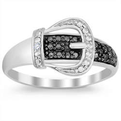 Sterling Silver Black and White Diamond Accent Belt Buckle Ring