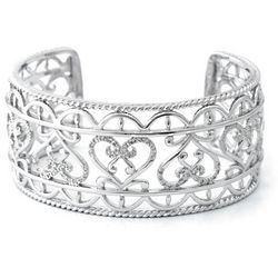 Sterling Silver Wide Diamond Cuff Heart Bangle Bracelet