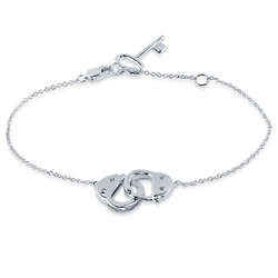 CZ Sterling Silver Petite Handcuffs Bracelet with Key Charm