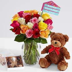 Ultimate Birthday Rose Bouquet, Teddy Bear, and Chocolates