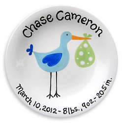 Personalized Stork Birth Plate in Blue