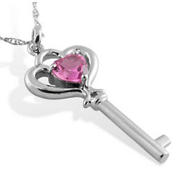 Created Pink Heart Sapphire Key Pendant Necklace