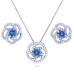 Blue Swarovski Zirconia Flower Necklace and Earrings in Silver