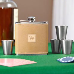 Cocoa Leather Block Monogram Hip Flask and Shot Glasses