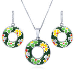 Sterling Silver CZ Enamel Flower Fashion Necklace and Earrings