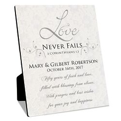 Personalized Love Never Fails Wedding Anniversay Panel with Easel