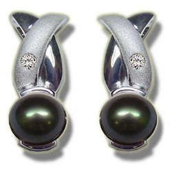 Black Pearl Earrings with Diamonds in 14K White Gold