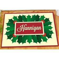 Personalized Holly Leaves and Berries Doormat