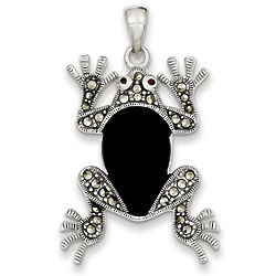 Sterling Silver Marcasite and Onyx Frog Pendant