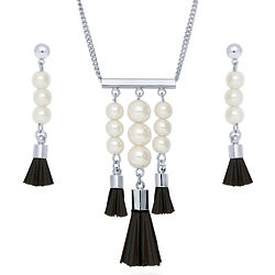 Silver-Tone Simulated Pearl Tassel Fashion Necklace and Earrings