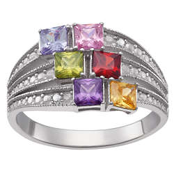 Square Cut Family Birthstone Silver Ring with Diamond Accent