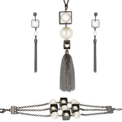 Simulated Pearl Black-Tone Fringe Necklace, and Bracelet