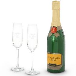Engravable Champagne Flutes & Chocolate Champagne Bottle