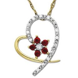 Ruby and Diamond Heart and Flower Pendant in 10 Karat Gold