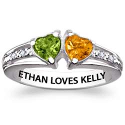 Sterling Silver Couple's Twin Hearts Birthstone Ring