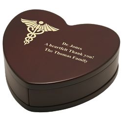 Personalized Heart-Shaped Rosewood Memory Box with Caduceus