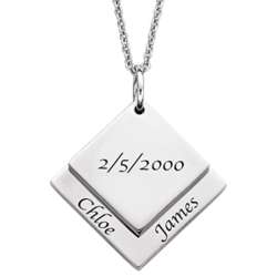 Stainless Steel Couple's Name and Date Square Tag Necklace