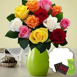 12 Long Stemmed Rainbow Roses with Green Vase and Chocolates