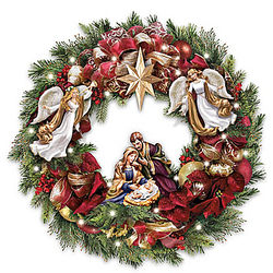 Thomas Kinkade Illuminated Wreath with Sculpted Nativity