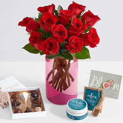 Ultimate One Dozen Red Rose Bouquet with Chocolates and Spa Set