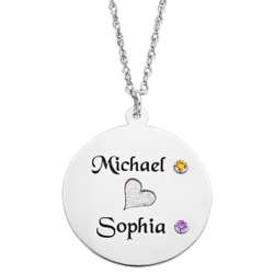 Couple's Name and Birthstone Disc Necklace with Heart