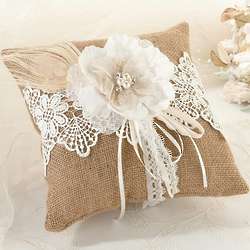 Rustic Burlap and Lace Ring Pillow