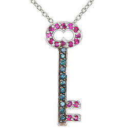 Ruby and Blue Diamond Key Pendant In 14K White Gold