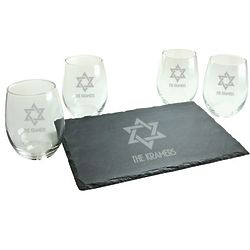 Personalized Star of David Stemless Wine Glasses and Cheese Slate