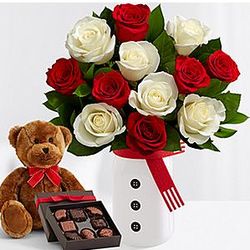 12 Candy Cane Roses with Snowman Mason Jar, Bear & Chocolates