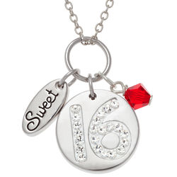 Sweet 16 Engraved CZ Pendant with Name and Birthstone Charms