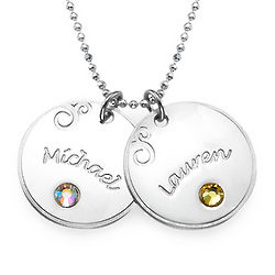 Sterling Silver Engraved Disc Necklace with Birthstone