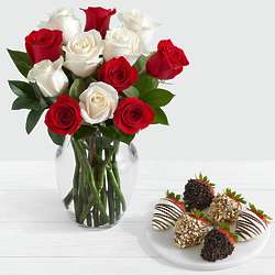 12 Candy Cane Roses with 6 Fancy Strawberries